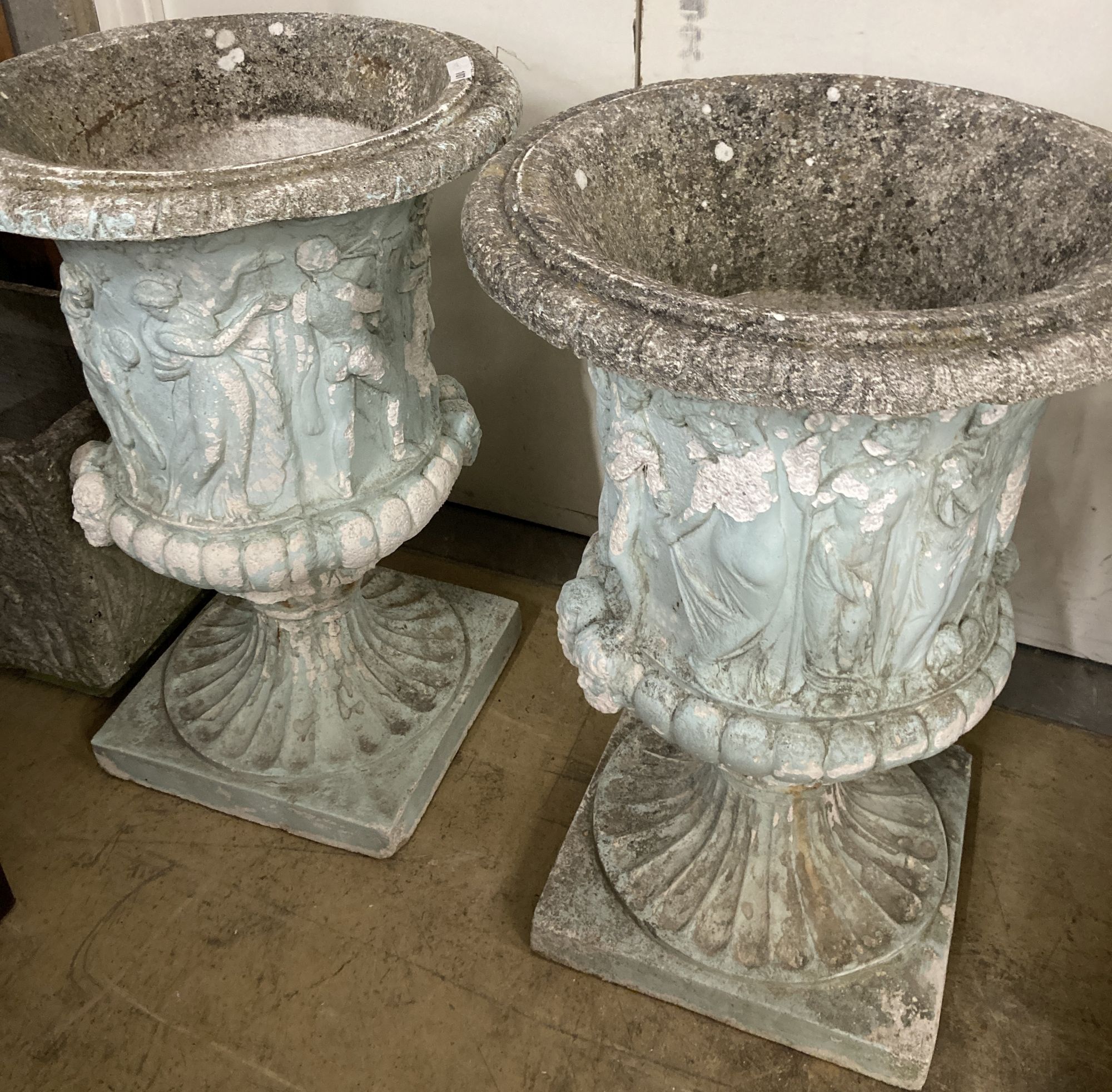 A pair of painted reconstituted stone campana garden urns, diameter 62cm, height 90cm